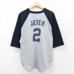 XL★古着 マジェスティック 7分袖 Tシャツ メンズ MLB ニューヨークヤンキース デレクジーター 2 ラグラン ツートンカラー クルーネック グレー 霜降り他 メジャーリーグ ベースボール 野球 25jul25 中古 7分丈 七分丈 七分袖