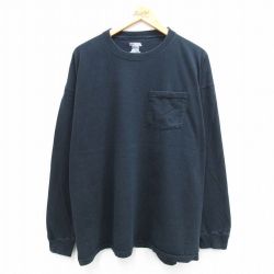 【20%OFF】XL★古着 ラッセル 長袖 Tシャツ メンズ 無地 胸ポケット付き 大きいサイズ クルーネック 黒 ブラック 25jul26 中古