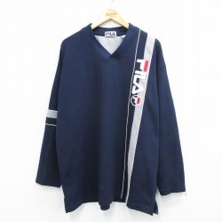 XL★古着 フィラ FILA 長袖 ビンテージ Tシャツ メンズ 00年代 00s ビッグロゴ 刺繍 大きいサイズ Vネック 紺 ネイビー 25jul28 中古