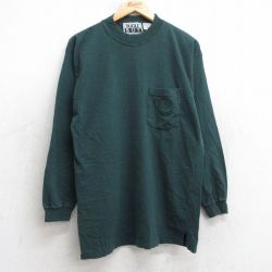 L★古着 ビューグルボーイ 長袖 ビンテージ Tシャツ メンズ 90年代 90s ワンポイントロゴ 胸ポケット付き コットン モックネック ハイネック 緑 グリーン 25jul30 中古