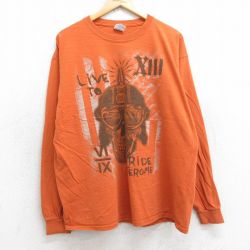 XL★古着 長袖 ビンテージ Tシャツ メンズ 00年代 00s スカル 大きいサイズ コットン クルーネック オレンジ 25jul30 中古