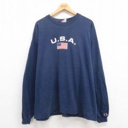 XL★古着 チャンピオン Champion 長袖 ビンテージ Tシャツ メンズ 00年代 00s USAロゴ 大きいサイズ コットン クルーネック 紺 ネイビー 25jul29 中古
