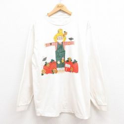 L★古着 長袖 ビンテージ Tシャツ メンズ 90年代 90s カカシ コットン クルーネック USA製 生成り 【spe】 25jul29 中古