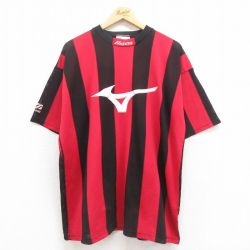 XL★古着 ミズノ 半袖 ビンテージ Tシャツ メンズ 90年代 90s ビッグロゴ 大きいサイズ メッシュ地 クルーネック イギリス製 赤他 レッド ストライプ 25jul29 中古