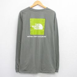 XL★古着 ノースフェイス THE NORTH FACE 長袖 Tシャツ メンズ ビッグロゴ コットン クルーネック 濃緑 グリーン 25jul30 中古