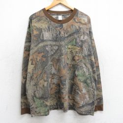 XL★古着 長袖 ビンテージ Tシャツ メンズ 00年代 00s 胸ポケット付き 大きいサイズ クルーネック 茶他 ブラウン 迷彩 25jul31 中古