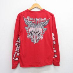XL★古着 長袖 ビンテージ Tシャツ メンズ 00年代 00s BTC スカル 剣 コットン クルーネック 赤 レッド 25aug06 中古