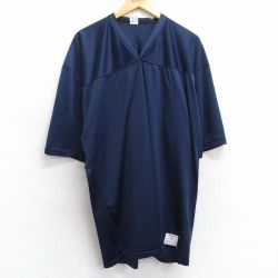 XL★古着 チャンピオン champion 半袖 ビンテージ フットボール Tシャツ メンズ 80年代 80s 無地 メッシュ地 大きいサイズ ロング丈 Vネック USA製 紺 ネイビー ユニフォーム ゲームシャツ 【spe】 25aug06 中古