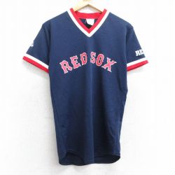 【50%OFF】S★古着 マジェスティック 半袖 ビンテージ Tシャツ メンズ 80年代 80s MLB ボストンレッドソックス MIRROR PLATE&POLISHING 1 Vネック USA製 濃紺 ネイビー メジャーリーグ ベースボール 野球 25aug06 中古