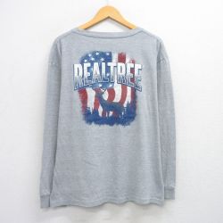 XL★古着 長袖 Tシャツ メンズ REALTREE シカ 星条旗 大きいサイズ クルーネック グレー 霜降り 25aug07 中古
