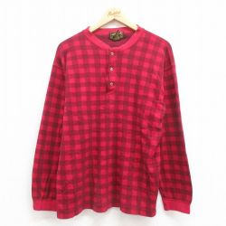 【50%OFF】L★古着 エディーバウアー 長袖 ビンテージ Tシャツ メンズ 90年代 90s ヘンリーネック USA製 赤 レッド チェック 【spe】 25aug09 中古