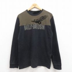 L★古着 ハーレーダビッドソン Harley Davidson 長袖 ビンテージ Tシャツ メンズ 00年代 00s 鳥 フロッキープリント コットン クルーネック USA製 黒 ブラック 【spe】 25aug12 中古