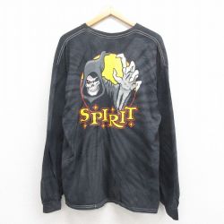 XL★古着 SPIRIT 長袖 Tシャツ メンズ 死神 大きいサイズ コットン クルーネック 黒 ブラック タイダイ 25aug12 中古