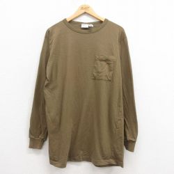 【20%OFF】L★古着 長袖 ビンテージ Tシャツ メンズ 90年代 90s 無地 胸ポケット付き コットン クルーネック 緑 グリーン 25aug12 中古