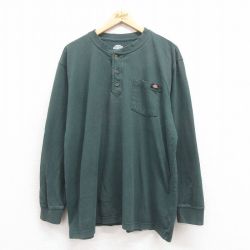 XL★古着 ディッキーズ Dickies 長袖 Tシャツ メンズ 無地 胸ポケット付き 大きいサイズ ヘンリーネック 緑 グリーン 25aug12 中古