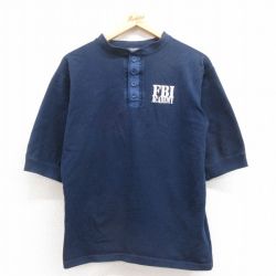 L★古着 半袖 ビンテージ Tシャツ メンズ 90年代 90s FBI ヘンリーネック USA製 紺 ネイビー 25aug13 中古