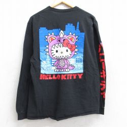 L★古着 長袖 Tシャツ メンズ ハローキティ コットン クルーネック 黒 ブラック 25aug18 中古