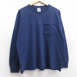 L★古着 フルーツオブザルーム 長袖 ビンテージ Tシャツ メンズ 00年代 00s 無地 胸ポケット付き コットン クルーネック 紺 ネイビー 25aug18 中古