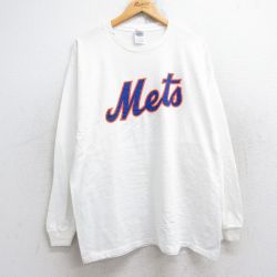 XL★古着 長袖 ビンテージ Tシャツ メンズ 00年代 00s MLB ニューヨークメッツ サブウェイ コットン クルーネック 白 ホワイト メジャーリーグ ベースボール 野球 25aug18 中古