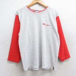 M★古着 チャンピオン champion 長袖 ビンテージ Tシャツ メンズ 90年代 90s ワンポイントロゴ ツートンカラー クルーネック USA製 グレー 霜降り他 25aug18 中古