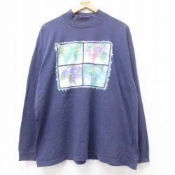 XL★古着 長袖 ビンテージ Tシャツ メンズ 90年代 90s ブドウ 大きいサイズ コットン モックネック ハイネック USA製 紺 ネイビー 25aug20 中古