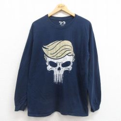 L★古着 長袖 Tシャツ メンズ スカル コットン クルーネック USA製 紺 ネイビー 25aug21 中古
