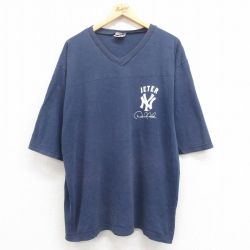 XL★古着 半袖 ビンテージ フットボール Tシャツ メンズ 90年代 90s MLB ニューヨークヤンキース デレクジータ 2 コットン Vネック 紺 ネイビー メジャーリーグ ベースボール 野球 25aug21 中古