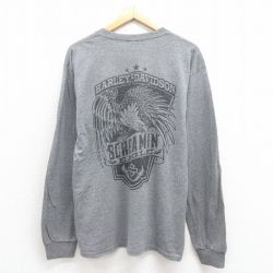 L★古着 ハーレーダビッドソン Harley Davidson 長袖 Tシャツ メンズ 鳥 クルーネック グレー 霜降り 25aug21 中古