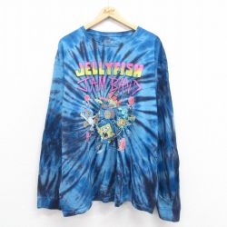 【50%OFF】XL★古着 長袖 Tシャツ メンズ アニメ スポンジボブ 大きいサイズ コットン クルーネック 青 ブルー タイダイ 25aug21 中古
