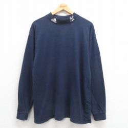 XL★古着 アディダス adidas 長袖 Tシャツ メンズ MLB ニューヨークヤンキース モックネック ハイネック 紺 ネイビー メジャーリーグ ベースボール 野球 25aug22 中古