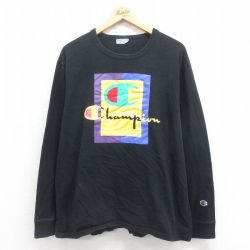 【50%OFF】XL★古着 チャンピオン champion 長袖 Tシャツ メンズ ビッグロゴ クルーネック 黒 ブラック 25aug27 中古