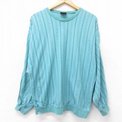 XL★古着 長袖 ビンテージ Tシャツ メンズ 90年代 90s コットン クルーネック 青緑 ストライプ 25aug28 中古
