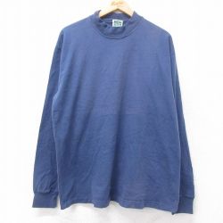 【20%OFF】XL★古着 長袖 ビンテージ Tシャツ メンズ 90年代 90s 無地 コットン モックネック ハイネック USA製 紺 ネイビー 25aug28 中古