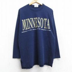 L★古着 長袖 ビンテージ Tシャツ メンズ 90年代 90s ミネソタ 鹿の子 コットン クルーネック USA製 紺 ネイビー 【spe】 25aug28 中古