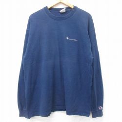 【20%OFF】XL★古着 チャンピオン Champion 長袖 ビンテージ Tシャツ メンズ 00年代 00s ワンポイントロゴ 大きいサイズ クルーネック 紺 ネイビー 25aug28 中古