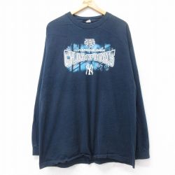 XL★古着 長袖 ビンテージ Tシャツ メンズ 00年代 00s MLB ニューヨークヤンキース 大きいサイズ ロング丈 コットン クルーネック 紺 ネイビー メジャーリーグ ベースボール 野球 25aug28 中古