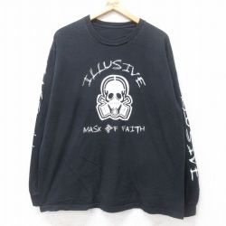 XL★古着 長袖 Tシャツ メンズ ILLUSIVE マスク クルーネック 黒 ブラック 25aug28 中古