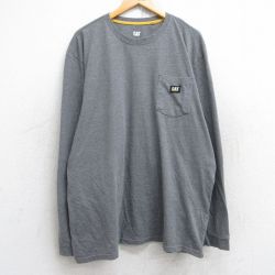 XL★古着 長袖 Tシャツ メンズ CAT 胸ポケット付き 大きいサイズ クルーネック グレー 霜降り 25aug28 中古