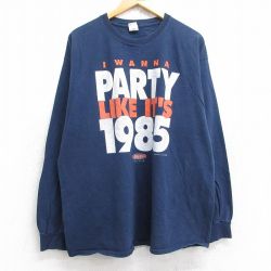 【50%OFF】XL★古着 長袖 Tシャツ メンズ PARTY 1985 大きいサイズ コットン クルーネック 紺 ネイビー 25aug29 中古