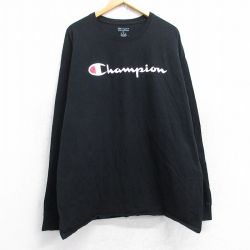 XL★古着 チャンピオン champion 長袖 Tシャツ メンズ ビッグロゴ 大きいサイズ コットン クルーネック 黒 ブラック 25aug29 中古