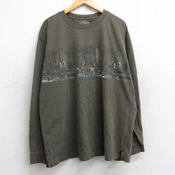 XL★古着 長袖 Tシャツ メンズ シカ 大きいサイズ コットン クルーネック 濃緑 グリーン 25aug29 中古