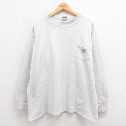 【50%OFF】XL★古着 カーハート Carhartt 長袖 ビンテージ Tシャツ メンズ 90年代 90s ワンポイントロゴ 胸ポケット付き 大きいサイズ クルーネック USA製 グレー 霜降り 25aug29 中古