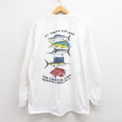 【20%OFF】XL★古着 長袖 ビンテージ Tシャツ メンズ 00年代 00s 魚 胸ポケット付き クルーネック 白 ホワイト 【spe】 25aug29 中古