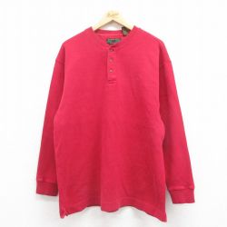 XL★古着 長袖 ビンテージ Tシャツ メンズ 00年代 00s ワンポイントロゴ コットン ヘンリーネック 赤 レッド 25aug29 中古