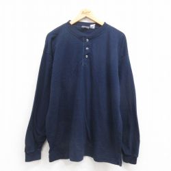 XL★古着 長袖 ビンテージ Tシャツ メンズ 00年代 00s 無地 大きいサイズ コットン ヘンリーネック 紺 ネイビー 25aug29 中古