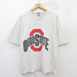 L★古着 半袖ビンテージ フットボール Tシャツ メンズ 90年代 90s オハイオステートバックアイズ 36 コットン Vネック グレー 霜降り 25aug30 中古