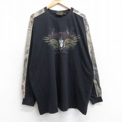 XL★古着 長袖 Tシャツ メンズ ロングホーン TROPHY TERRITORY 大きいサイズ コットン クルーネック 黒他 ブラック 25sep03 中古