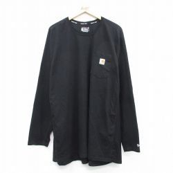 XL★古着 カーハート Carhartt 長袖 Tシャツ メンズ ワンポイントロゴ 胸ポケット付き ロング丈 大きいサイズ クルーネック 黒 ブラック 【spe】 25sep03 中古