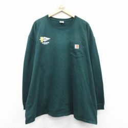 XL★古着 カーハート Carhartt 長袖 Tシャツ メンズ ワンポイントロゴ クラフトメイド 胸ポケット付き 大きいサイズ コットン クルーネック 緑 グリーン 25sep03 中古