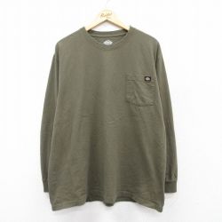 【20%OFF】XL★古着 ディッキーズ Dickies 長袖 Tシャツ メンズ 無地 胸ポケット付き 大きいサイズ コットン クルーネック 濃緑 グリーン 25sep03 中古